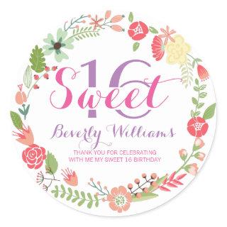 Colorful Spring Flowers Wreath Sweet 16 2 Classic Round Sticker