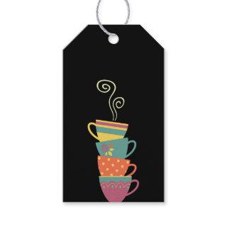 Colorful stacked mugs, retro coffee cup steam gift tags