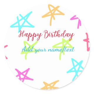Colorful stars happy birthday add name text simple classic round sticker