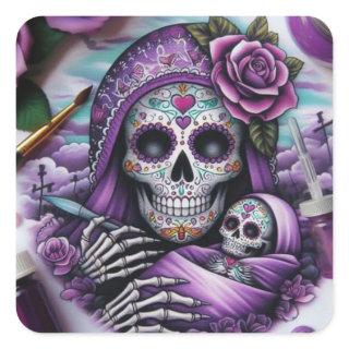 Colorful Sugar Skull Mama and Baby Square Sticker