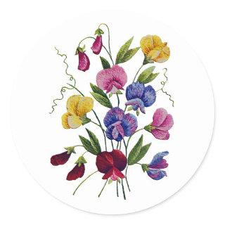 Colorful Sweet Peas Embroidered Classic Round Sticker