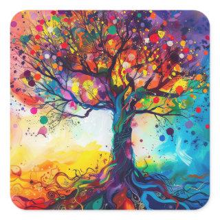Colorful Tree of Life Rainbow Serenity Nature Art Square Sticker