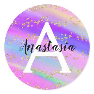 Colorful Unicorn Rainbow Gold Glitter Monogram Classic Round Sticker