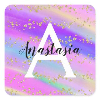 Colorful Unicorn Rainbow Gold Glitter Monogram Square Sticker