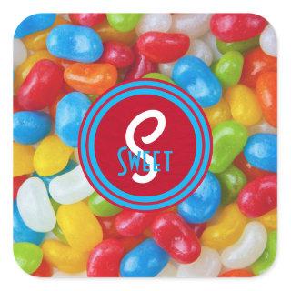 Colorful Vintage Jelly Beans in a Jar Monogram Square Sticker