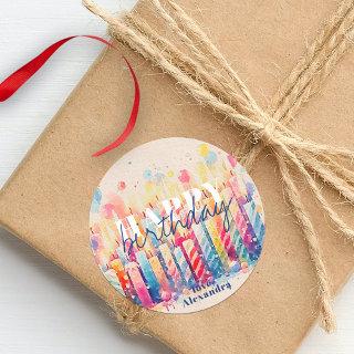 Colorful Watercolor Birthday Candles and Balloons Classic Round Sticker
