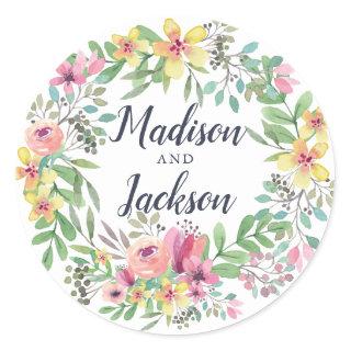Colorful Watercolor Flowers Wedding Classic Round Sticker