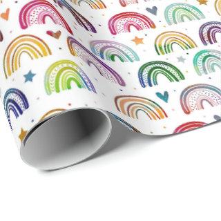 Colorful Watercolor Rainbows hearts & star pattern