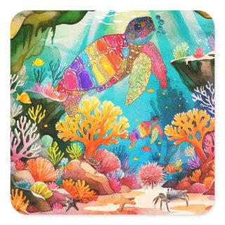 Colorful Watercolor Sea Turtle Square Sticker