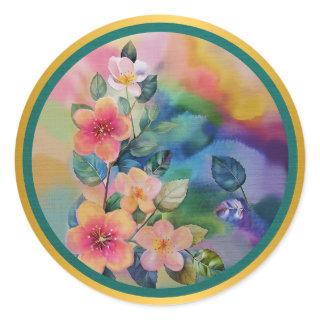 Colorful Watercolor Spring Branch with Flowers  Classic Round Sticker