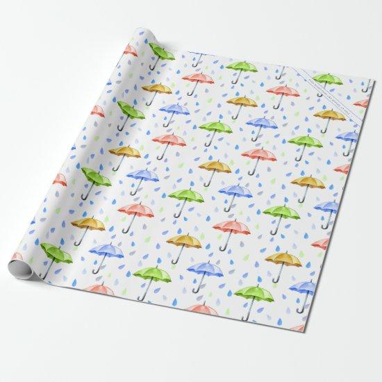 Colorful Watercolor Umbrellas and Rain Drops Fall