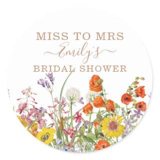 Colorful Wild Flowers Country Floral Miss To Mrs Classic Round Sticker