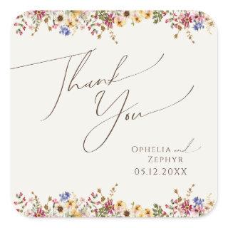 Colorful Wildflower Meadow Beige Wedding Thank You Square Sticker