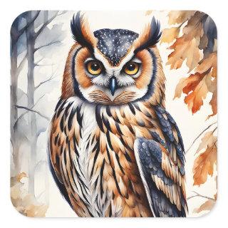 Colorful Wood Owl on Tree Branch Square Sticker