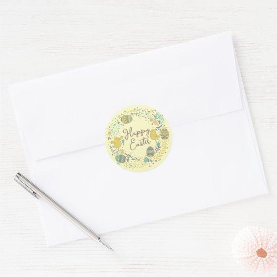 Colorful Wreath of Joyful Chicks Eggs and Greeting Classic Round Sticker