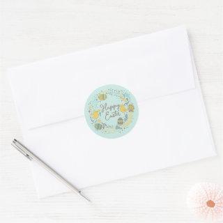 Colorful Wreath of Joyful Chicks Eggs and Greeting Classic Round Sticker