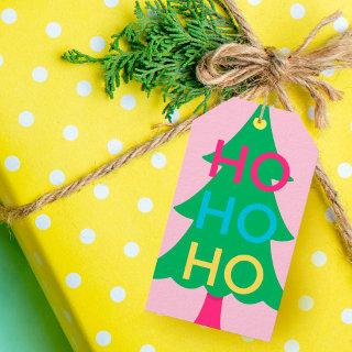 Colourful Neon Typographic HO HO Christmas Tree Gift Tags