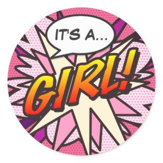 Comic Book Pop Art IT'S A GIRL Gender Reveal Classic Round Sticker