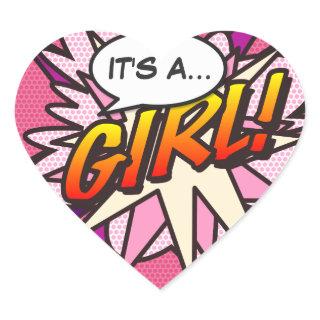 Comic Book Pop Art IT'S A GIRL Gender Reveal Heart Sticker