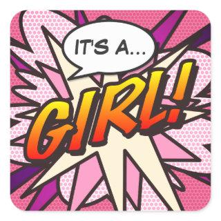 Comic Book Pop Art IT'S A GIRL Gender Reveal Square Sticker