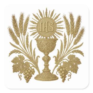 Communion IHS Chalice Wheat Grapes Eucharistic Square Sticker