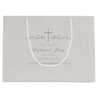 Communion Ornate Cross in Taupe Floral Pattern Large Gift Bag