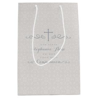 Communion Ornate Cross in Taupe Floral Pattern Medium Gift Bag