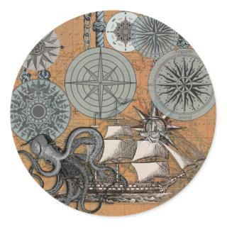 Compass Rose Vintage Nautical Octopus Classic Round Sticker