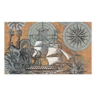 Compass Rose Vintage Nautical Octopus Ship Rectangular Sticker