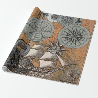 Compass Rose Vintage Nautical Octopus Ship