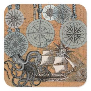 Compass Rose Vintage Nautical Octopus Square Sticker