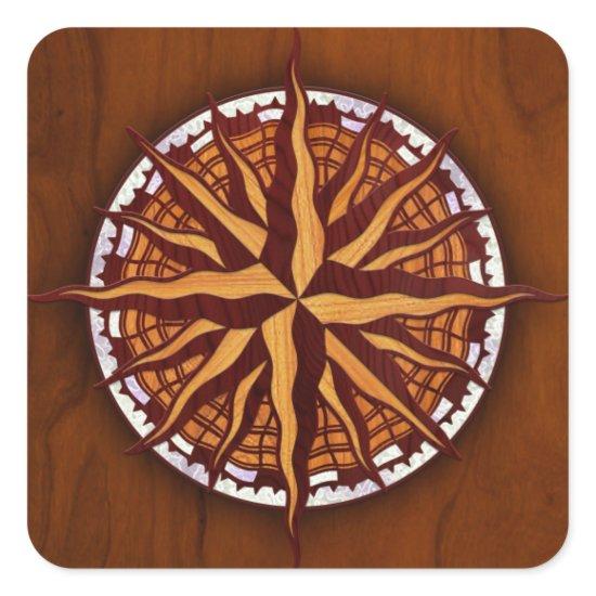 Compass Rose Wood Square Sticker