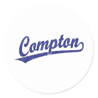 Compton script logo in blue classic round sticker