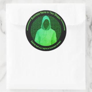 Computer Security - Hooded Hacker - Custom Wording Classic Round Sticker