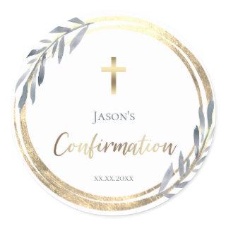 Confirmation dusty blue faux gold foil   classic round sticker