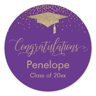 Congratulations Gold Confetti Graduation Purple Classic Round Sticker