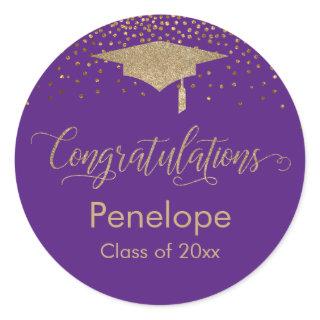 Congratulations Gold Confetti Graduation Purple Classic Round Sticker