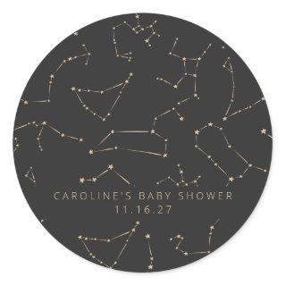 Constellations Stars Black Gold Custom Baby Shower Classic Round Sticker