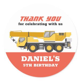 Construction Vehicle Crane Boys Birthday Party Classic Round Sticker