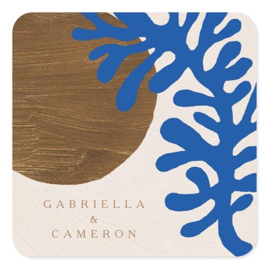 Contemporary Abstract Shapes Art Blue Tan Wedding Square Sticker
