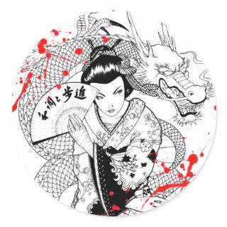 Cool blood splatter geisha with fan dragon tattoo classic round sticker