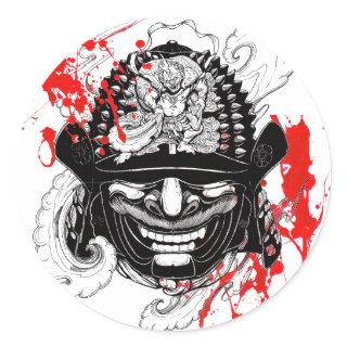 Cool blood splatter samurai demon mask helm tattoo classic round sticker