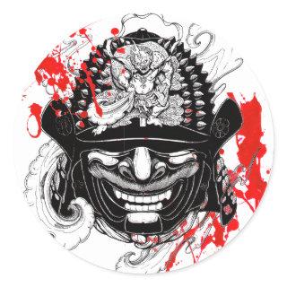 Cool blood splatter samurai demon mask helm tattoo classic round sticker