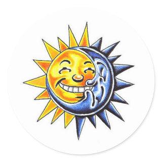 Cool cartoon tattoo symbol happy sun moon face classic round sticker