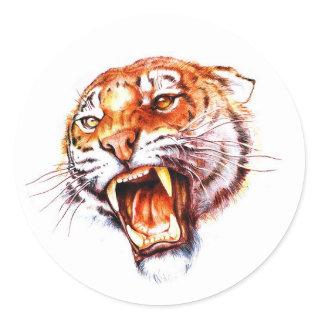 Cool cartoon tattoo symbol roaring tiger head classic round sticker