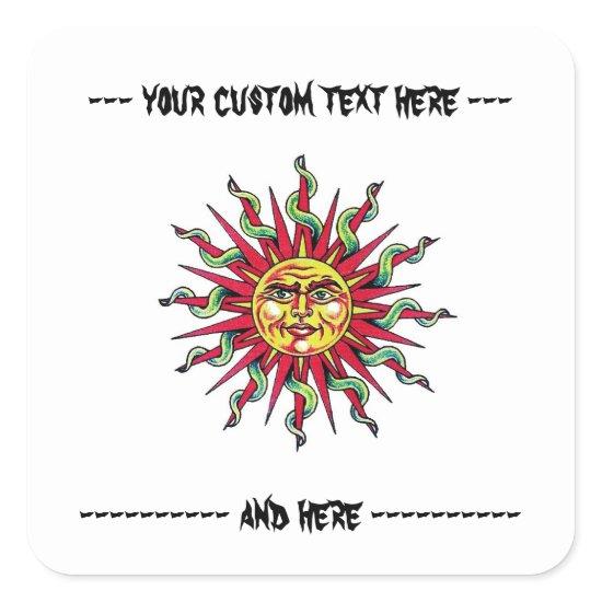 Cool cartoon tattoo symbol Sun God Face head Square Sticker