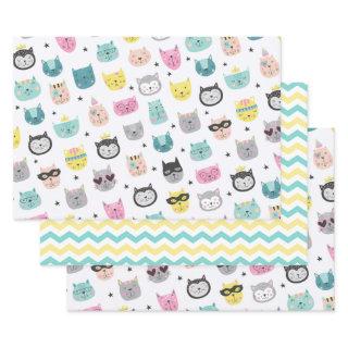 Cool Cat Faces Teal Yellow Chevron Pattern  Sheets