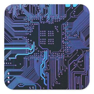 Cool Computer Circuit Board Blue Square Sticker