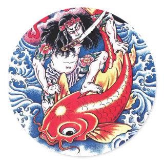 Cool Japanese Samurai Koi Carp red tattoo Classic Round Sticker