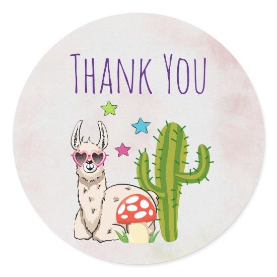 Cool llama in Heart-Shaped Sunglasses Thank You Classic Round Sticker